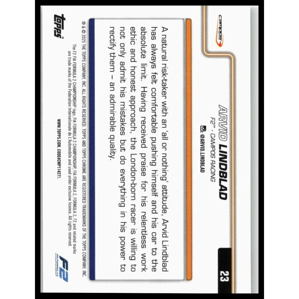 2025 Topps Chrome Formula 1 Arvid Lindblad #23 Campos Racing